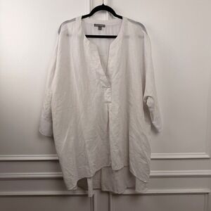 Jessica London White Linen Blend Sheer Trim V-Neck Tunic Top Plus Size 26W